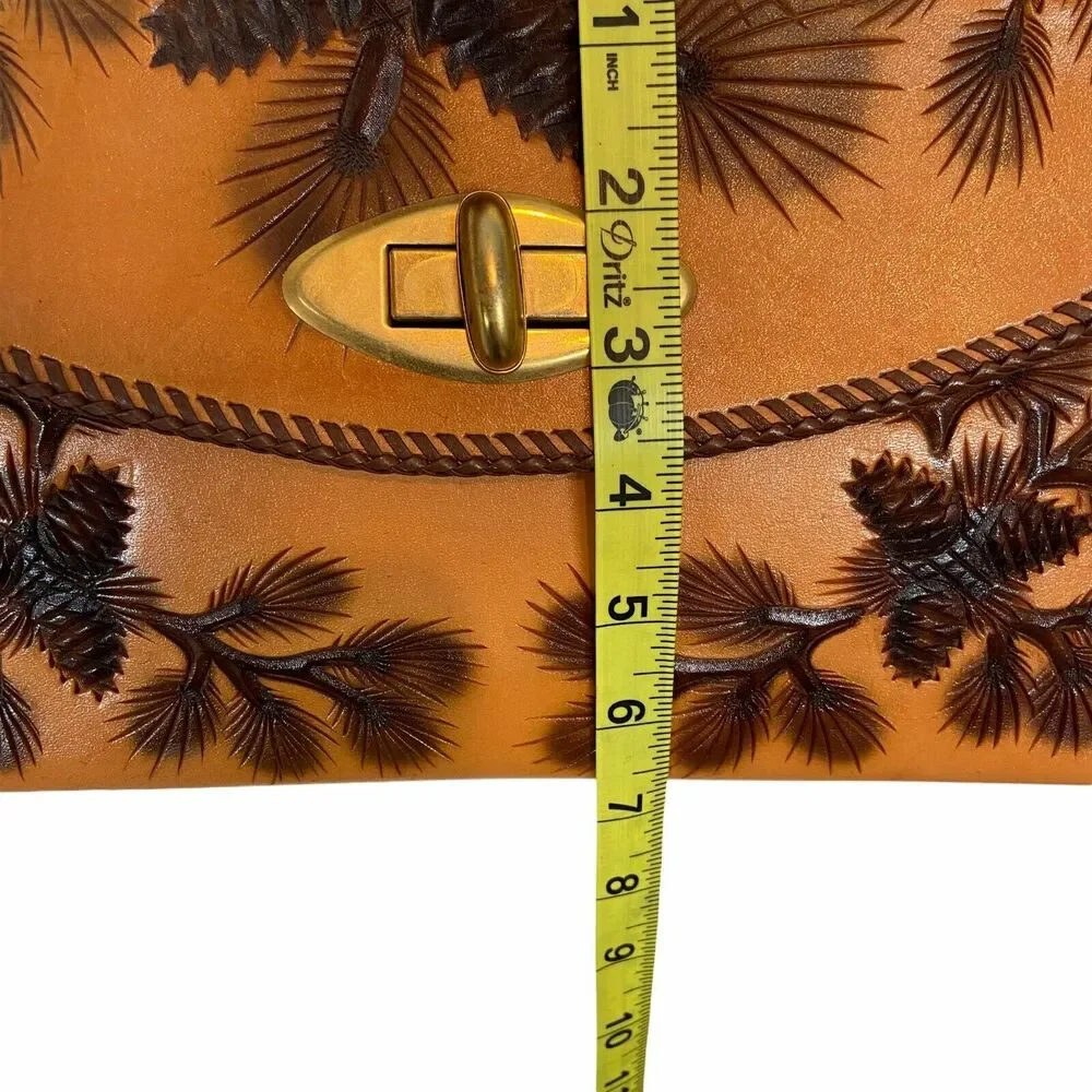 Tooled Leather Purse Handbag Women Handmade Pine Cone Brown Leather 60 70s Retro